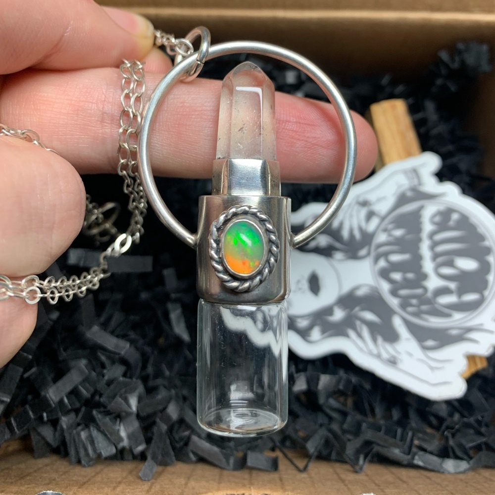 Roadkill Gems rollerball necklace. Sterling silver, clear quartz, Ethiopian opal